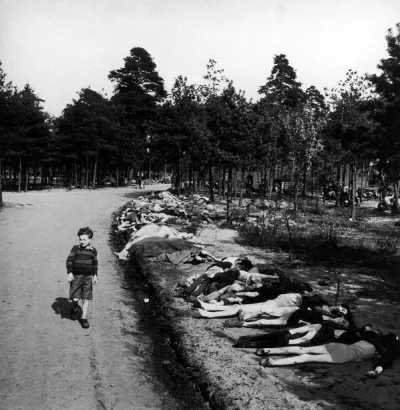 HaHard - Niemiecki chłopiec przechadza się drogą, przy której leżą setki ciał więźnió...