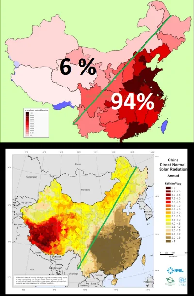 cieliczka - Mapka górna - gęstość zaludnienia w Chinach (po lewej stronie zielonej li...