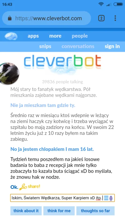 MobilePP - Uczymy CleverBota pasty o ojcu fanatykiem wędkarstwa XD
Zachęcam do dysku...