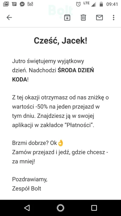 JakDorobic_com - Środa dzień koda :) czyli -50% na przejazdy #bolt

Ciekawe ile będ...