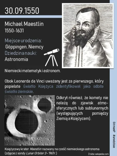 G.....P - 30 września 1550 r. #urodzilsie Michael Maestlin, niemiecki matematyk i ast...