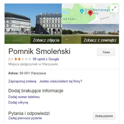 kaczeg - Ej Mirki. Wiedzieliście, że Pomnik Smoleński ma takie słabe recenzje? Jak do...