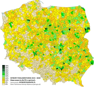 swietlowka - Mapa poparcia dla PSL w 2015 - rzeczywiście pokrywa się z twoją mapą. El...