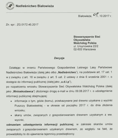 Watchdog_Polska - Nadleśnictwo Białowieża odmawia nam przekazania skanów umów dotyczą...