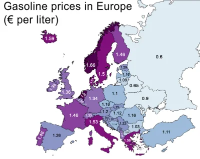 arturo1983 - Cena 1 litra paliwa w poszczególnych państwach europejskich.

#mapporn...