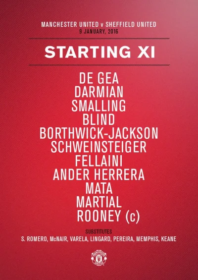 K.....l - Skład na Sheffield United: 

De Gea, Darmian, Smalling, Blind, Borthwick-...