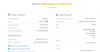 eich - Publicznie dostępne dane dotyczące osoby, która zarejestrowała domenę laily.eu