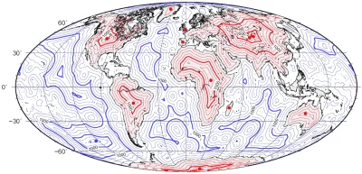 Sinklinorium - Izolinie pokazują odległość do wybrzeży, czerwone kropki pokazują miej...