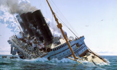 L.....a - Tonąca RMS Lusitania po trafieniu torpedą przez niemiecki okręt podwodny U-...