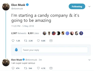 L.....m - Elon otwiera nowy biznes. Będzie sprzedawał cukierki.

To jego odpowiedź ...