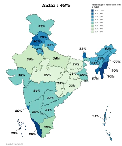 Mesk - Odsetek gospodarstw domowych w Indiach, które posiadają toaletę
#mapporn #map...