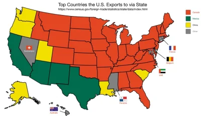 Maxxxiuuu - Ciekawa mapa przedstawiająca, do jakiego kraju dany stan eksportuje najwi...