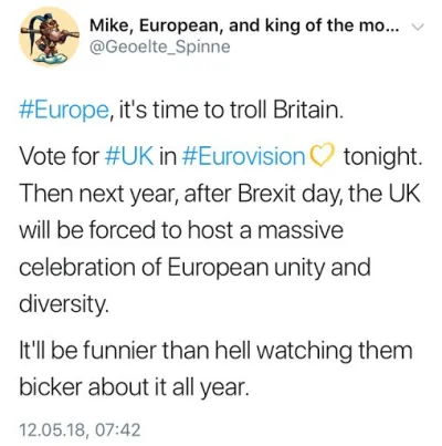 plackojad - Jak myślicie, czy #uk ma dziś szansę na wygraną w #eurowizja?
#brexit