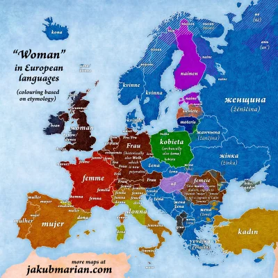 wypoke - Słowo "kobieta" w językach europejskich.

#mapporn #mapy #ciekawostki

S...