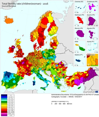 Fidelis - Mapa pokazującą współczynnik dzietności w europejskich podregionach.
#mapp...