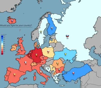 reflex1 - Mapka, która pokazuje odsetek Europejczyków, którzy walczyliby, gdyby w ich...