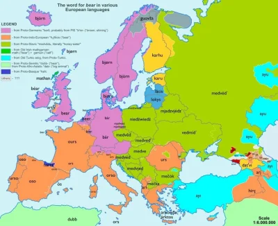 johanlaidoner - Ciekawostka: mapa brzmienia słowa "niedźwiedź" w różnych językach Eur...