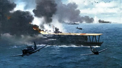 Bednar - Bitwa o Midway w wizji artystycznej. Japońskie lotniskowce Akagi (na pierwsz...