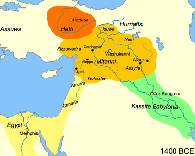 myrmekochoria - Mapa Bliskiego Wschodu ok. 1400 r. p.n.e. – Asyria wasalem Mitanni; d...