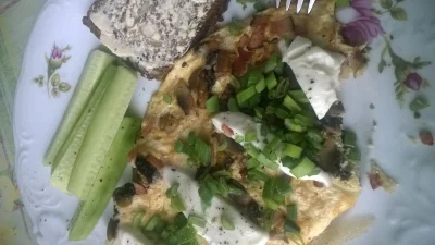 o.....y - Omlet z pieczarkami i szynką, na wierzch mozzarella i szczypiorek. W sumie ...