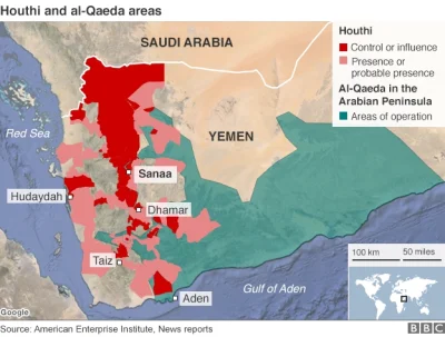 PatologiiZew - Aktualna mapka Jemenu. Pokazuje tereny kontrolowane przez Houthi i mie...