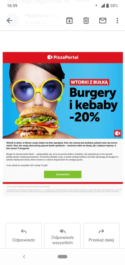 elliott - Taki mail od @PizzaPortal o temacie "Czas na imprezę! Dzisiaj święto ważneg...