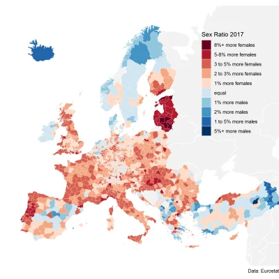 cieliczka - Struktura płci w Europie

Legenda/kolory:
Im więcej kobiet (niż mężczy...