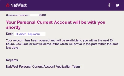 R.....z - @MarekAntoniusz: @azurri: Okej myk się udał w NatWest, mam czekać na list, ...