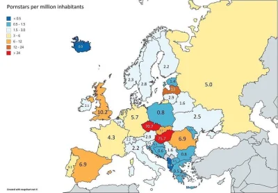 sergiuszn - Ilość gwiazd porno w danym kraju na milion mieszkańców 
#mapy #mapporn #k...