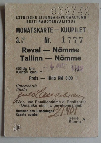 johanlaidoner - Estoński bilet kolejowy z Tallina (niem. Reval) do Nõmme (niem. Nömme...