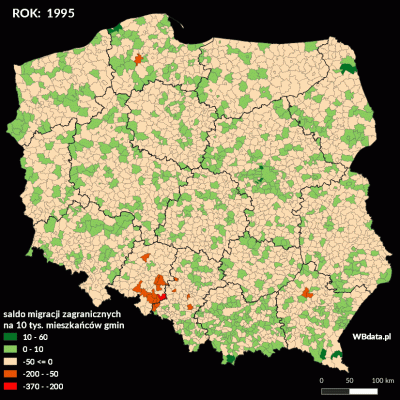 Lifelike - Mapa przedstawiająca saldo migracji zagranicznych na 10 tys. mieszkańców g...