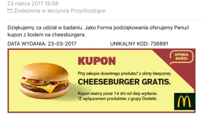 mikson123 - #mcdonalds kupon na darmowego cheeseburgera, ja już nie zdążę wykorzystać...