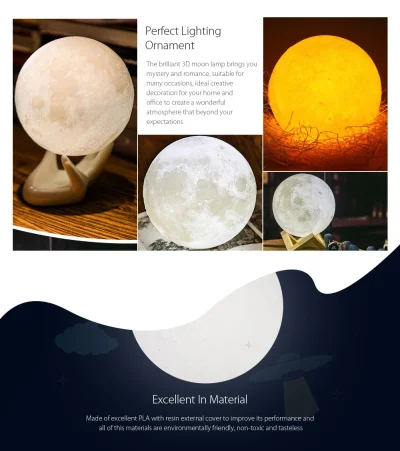 eternaljassie - BRELONG Rechargeable 3D Printing Moon LED Night Light - WHITE LIGHT+W...