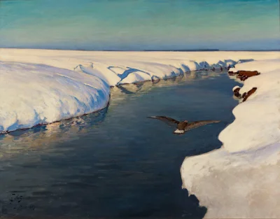 Hoverion - Julian Fałat 1853-1929 
Pejzaż zimowy z rzeką i ptakiem, 1913, olej na pł...