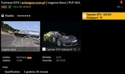 ACLeague - GT4 FUNRACE
Data wyścigu - kiedy chcecie? :D

Harmonogram imprezy:
20:...