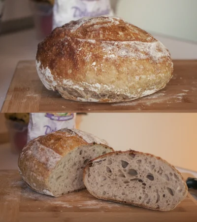 mcjposp - Upiekłem pierwszy chleb bez użycia formy. 
Mąka pszenna 650, zakwas żytni,...