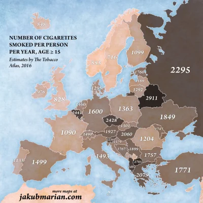 wypoke - Średnia roczna liczba papierosów wypalana przez mieszkańców krajów europejsk...
