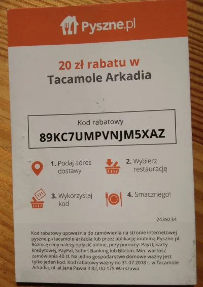 zbiczek - Oddam kod rabatowy -20 zł do Tacamole Arkadia, MWZ 40.

#pysznepl #warszawa...
