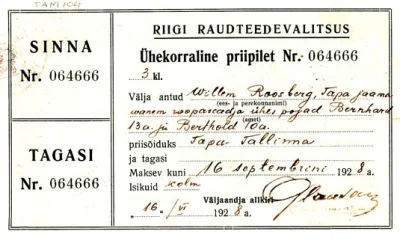 johanlaidoner - Estoński bilet kolejowy z 1928r. wystawiony na nazwisko: "Willem Roos...