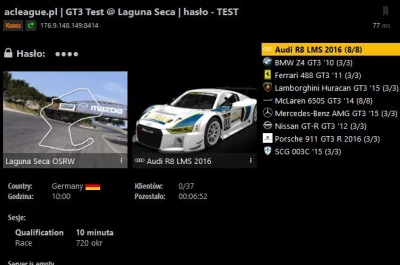 ACLeague - Otwarty serwer do testów GT3 @ Laguna Seca
10min - Q
12min - R
hasło - ...