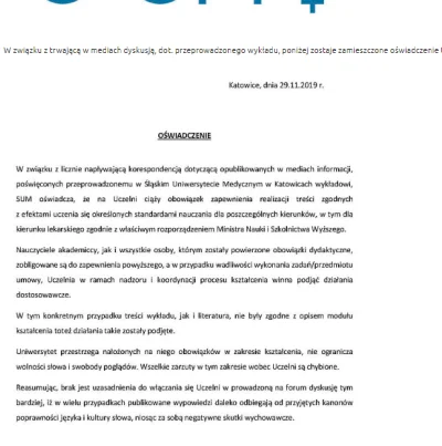 saakaszi - Śląski Uniwersytet Medyczny wydał oświadczenie w sprawie zwolnionego wykła...