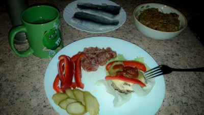 bubel80 - Dzisiejszy posiłek:
Ketoburger (mięso wołowe na smalcu, ser, papryka, ogóre...
