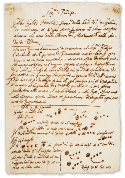 myrmekochoria - Strona z zapisków Galileusza, na której po raz pierwszy zapisał księż...