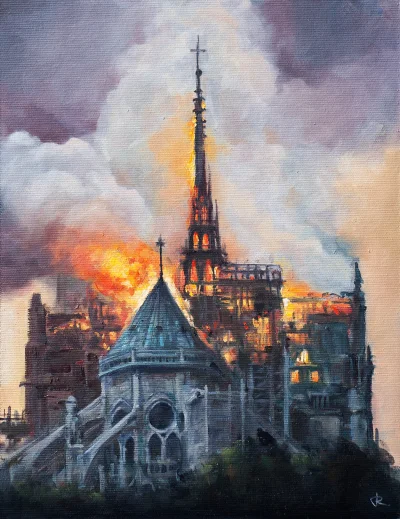WuDwaKa - Płonąca katedra Noter Dame na obrazie, namalowana farbą olejną. 2019

#ar...