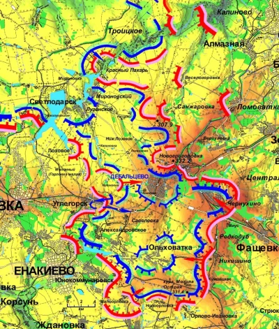 Ovy - Linia frontu w okolicach Debalcewa w dniu 31 stycznie wg strony rosyjskiej. Wg ...