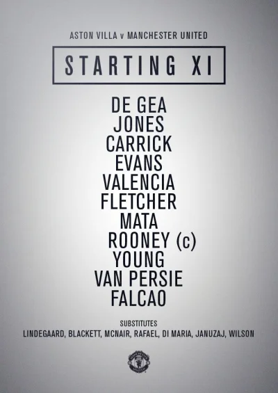 C.....n - United XI v Villa: De Gea, Jones, Carrick, Evans, Valencia, Fletcher, Mata,...