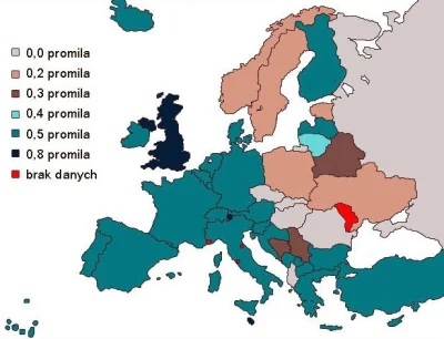 sobakan - Dozwolone stężenia alkoholu we krwi dla kierowców w Europie.