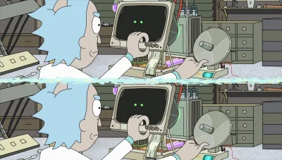 arturs36 - Na górze, komputer z dwiema kropkami to Rick and Morty. Niżej żółty kot na...