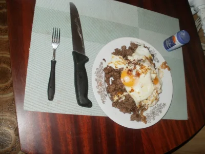 anonymous_derp - Dzisiejsza kolacja: Smażona wołowina mielona, 4 jajka sadzone, masło...