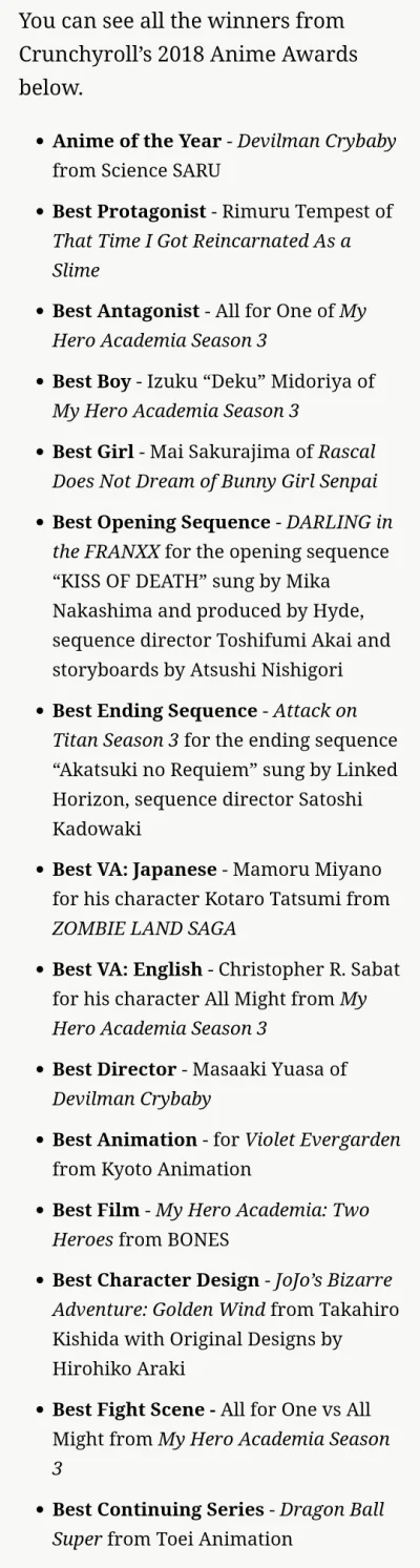 A.....e - Tytuł anime roku 2018 uzyskał "Devilman: crybaby". 
Szczerze? bardzo mnie t...